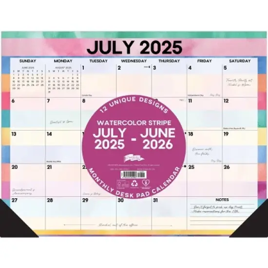 Willow Creek Press Watercolor Stripe Academic July 2025 - June 2026 22"x17" Large Monthly Deskpad Calendar image {2}