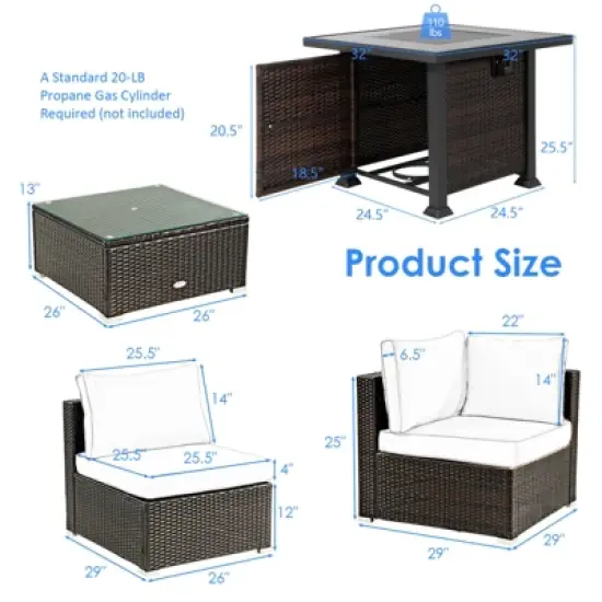 Tangkula 6 Piece Patio Wicker Conversation Set, Outdoor Rattan Sofa Set w/ 32" Propane Fire Pit Table, 50,000 BTU Heat, Tempered Glass Tabletop Black/Navy Blue/Red/Turquoise/Off White image {8}