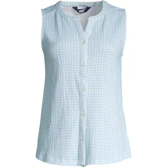 Lands' End Women's Knit Crinkle Knit Button Front Tank - Small - Light Blue Radiance Check image {1}