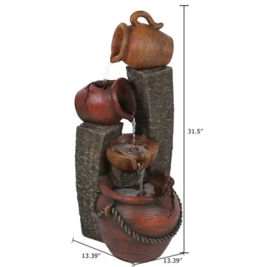 LuxenHome 32" Water Fountain Outdoor with Lights, Cascading Pitchers Pot Outdoor Fountains and Waterfalls Brown image {4}