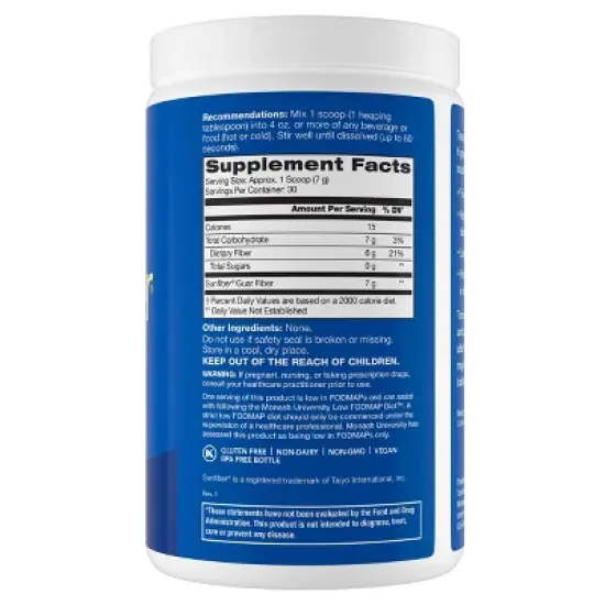 Tomorrow's Nutrition Sunfiber Prebiotic Guar Dietary Fiber Supplement Powder - 7.4 oz image {1}