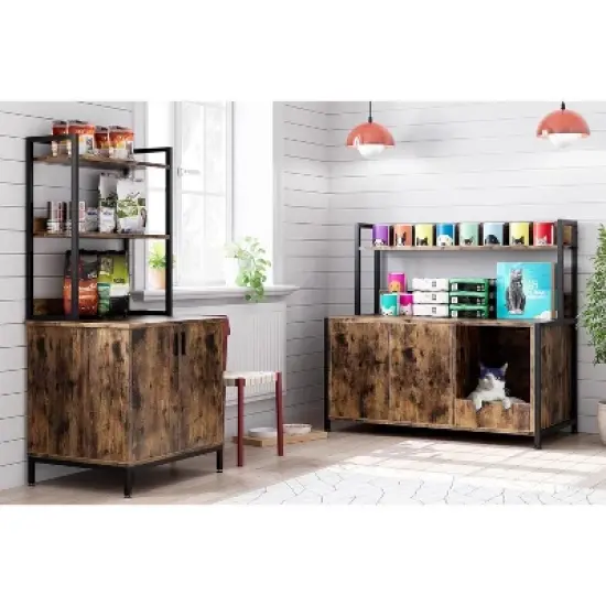 Rustic Brown Cat Litter Box Enclosure with Storage Shelves, Hidden Cabinet with Scratching Pad & Doors image {1}