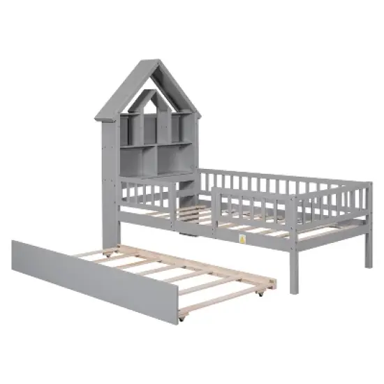 Twin Size House-Shaped Headboard Platform Bed with Barrier Rail and Trundle - ModernLuxe image {4}