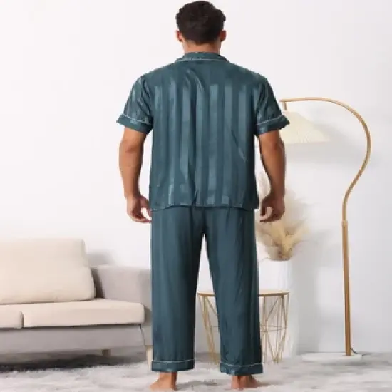 cheibear Men Striped Satin Button Down Short Sleeve Long Pants Pajama Set image {3}