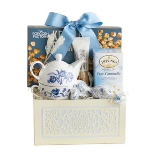 GreatFoods Tea Gift Basket Tea Time for One with Teapot and Treats image {1}