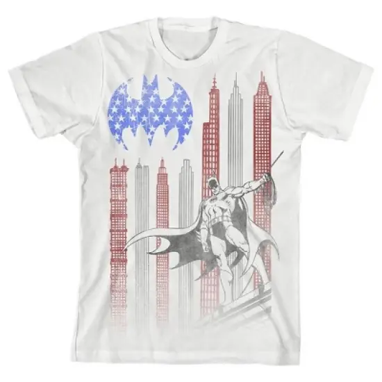 Batman Gotham City American Flag Skyscape White T-shirt Toddler Boy to Youth Boy image {3}