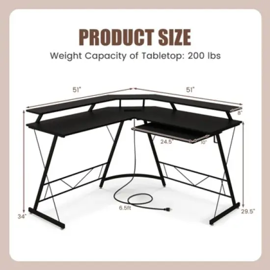 Tangkula L-shaped Computer Corner Desk 51&rdquo; Reversible Office w/Power Outlet USB Ports Monitor Stand Keyboard Tray Gaming Desk with Hook image {8}