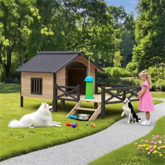 Garvee Outdoor Wooden Dog Kennel with Spacious Porch, Weatherproof Pet House with Ventilation Window & Raised Floor for Large Dogs image {1}