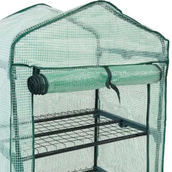Sunnydaze Outdoor Portable Growing Rack 4-Tier Greenhouse with Roll-Up Door - 4 Shelves - Green image {2}