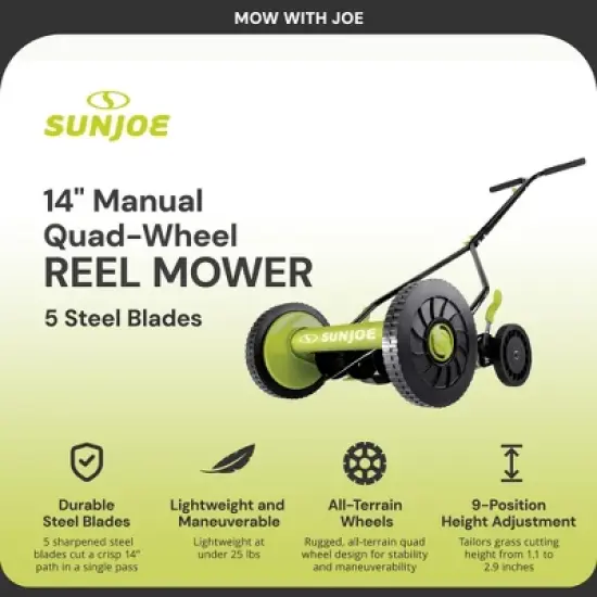 Sun Joe Cordless, Manual Push Reel Lawn Mower, Green &ndash; Grass Trimmer, 14 Inch Quad Wheels, Steel Design, and 9 Adjustable Positions, MJ503M image {1}