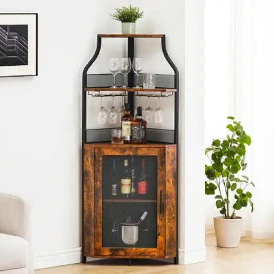 Corner Wine Cabinet with Detachable Wine Rack, 5-Tier Industrial Corner Bar Cabinet with Barn Door and Glass Holder image {13}