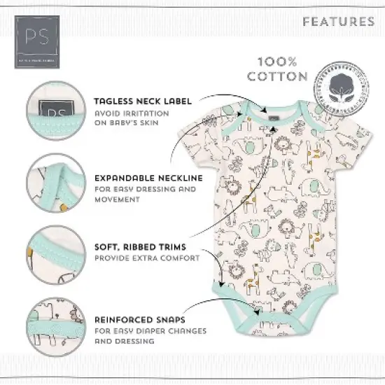 The Peanutshell Baby Boy Short Sleeve Bodysuits, 5-Pack, Blue/Gray/Dino, Newborn to 24 Months image {1}