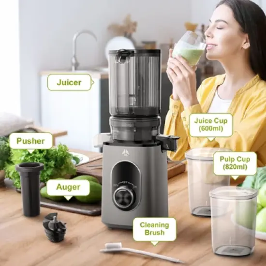 Masticating Juicer, 4.35 inch Cold Press Juicer, 8-stage Spiral 50RPM Slow Masticating for Whole Fruits &Vegetables, BPA Free, Reverse Function image {6}