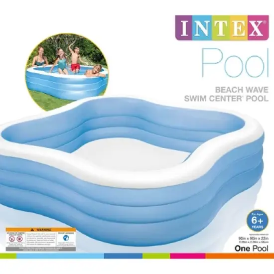Intex 7.5' x 22" Beach Wave Swim Center Square Outdoor Backyard Inflatable Family Swimming Lounge Pool for Kids and Adults, Blue image {2}