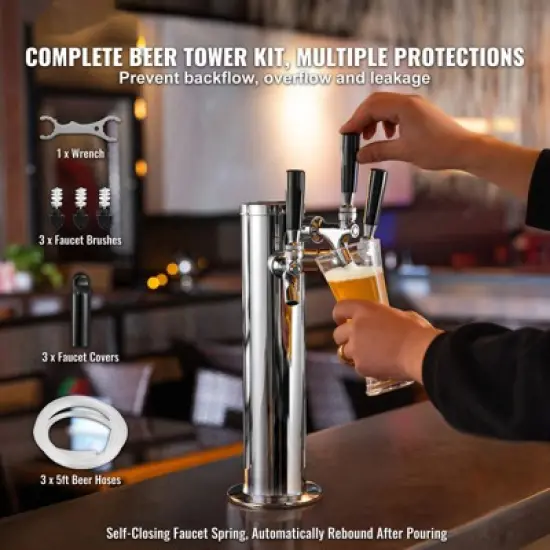 VEVOR Triple Taps Draft Beer Tower Dispenser, Stainless Steel Keg Beer Tower, Kegerator Tower Kit with Pre-Assembled Tubing image {2}