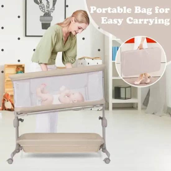 Infans Baby Bassinet Bedside Sleeper, Portable Crib with Wheels, 6 Adjustable Heights, Storage, Bed Side Bassinet for Infant Newborn, Beige image {5}