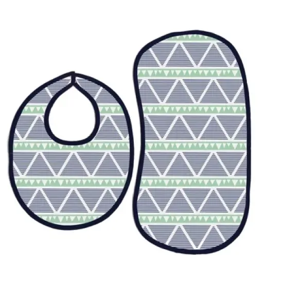 Bacati - Emma Mint/Navy Triangles Muslin 4 pc set of Bibs & Burp Cloths Set image {1}