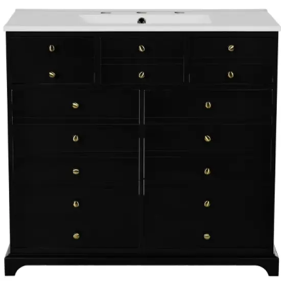 36'' Retro Bathroom Vanity with Ceramic Sink, Solid Wood Frame Freestanding Storage Cabinet with Soft-Close Doors & Drawers - ModernLuxe image {7}