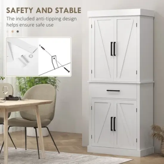 Gulches Farmhouse 72" Tall Freestanding Kitchen Pantry Cabinet - 4 Barn Doors, Drawer, 5-Tier & Adjustable Shelves, White 30"W x15.8"D x72"H image {8}