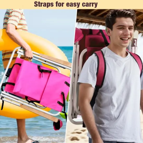 DOMETOUR Folding Beach Chair, 4 Position Portable Backpack Foldable Camping Chair with Headrest Cup Holder and Wooden Armrests, Pink image {8}
