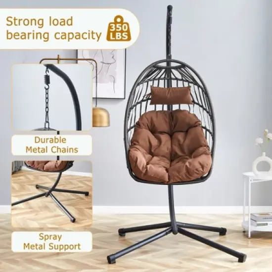 FIONECA Indoor/Outdoor Egg Swing Chair with Stand &uml;C Gray Wicker Hanging Hammock Chair with Rope Back, Cushion & Cover image {4}