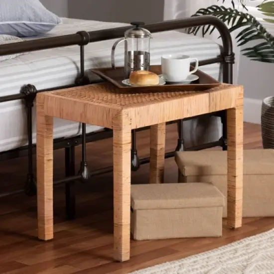 Abelia Natural Rattan and Mahogany Wood Short Accent Bench Natural Brown - Baxton Studio image {1}