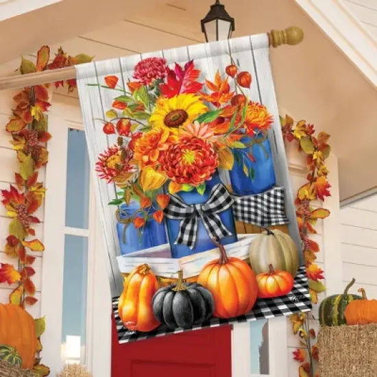 Autumn Mason Jars Floral House Flag Fall Pumpkins Rustic 28" x 40" Briarwood Lane image {2}