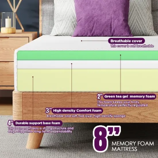 FDW 8 Inch Green Tea Memory Foam Mattress Cooling Gel Infused Mattress,Fiberglass Free/CertiPUR-US Certified/Bed-in-a-Box,White image {3}