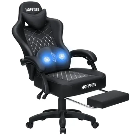 Hoffree Leather Massage Gaming Chair Ergonomic Office PC Chair with Footrest & Adjustable image {10}