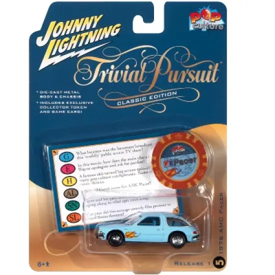 1976 AMC Pacer Light Blue with Flames with Poker Chip and Game Card "Trivial Pursuit" 1/64 Diecast Model Car by Johnny Lightning image {2}