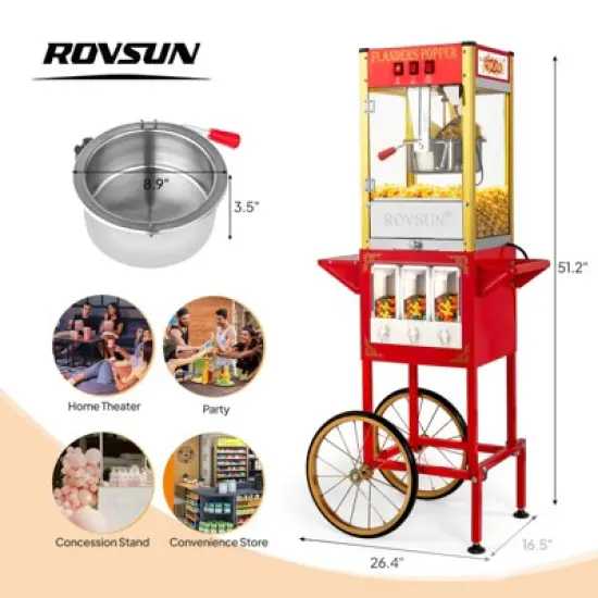 ROVSUN Popcorn Machine with Cart, Wheels & 8 Oz Kettle Makes Up to 32 Cups, Popcorn Maker w/ Candy Dispensers for Commercial Home Movie Theater image {6}