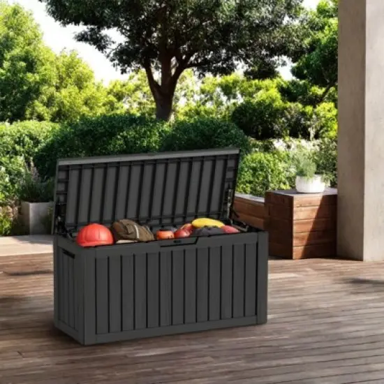 DSVIMOY Deck Boxes, 2-Piece 80 Gal Outdoor Storage Deck Box, Small Patio Storage Bin for Garden Tools, Black, 46.26"*18.7"*23.23" image {3}