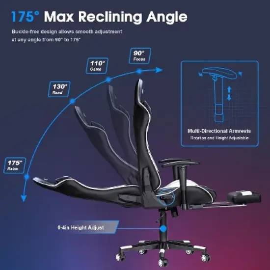 Douxlife Modern 7-Point Massage Ergonomic Gaming Chair with Footrest & Adjustable Armrests Black White image {4}