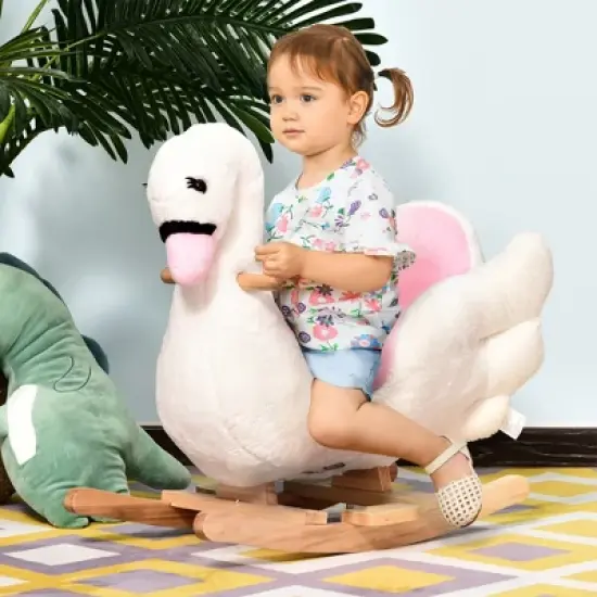 Qaba Kids Ride On Rocking Horse Plush Swan Style Toy with Music for Over 18 Months Children, White and Pink image {2}