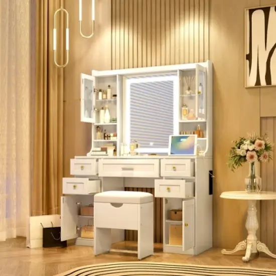 TOBILI 41.4" Makeup Vanity Desk with Mirror and Lights, Makeup Table with 5 Drawers and 4 Cabinets,White image {2}