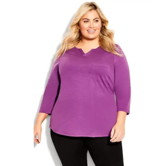Women's Plus Size Notch Neck 3/4 Sleeve Plain Tee - deep lilac | AVENUE image {6}