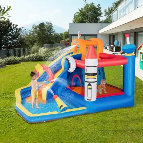 Outsunny 5-in-1 Inflatable Water Slide Kids Bounce House Space Theme Includes Slide Trampoline Pool Cannon Climbing Wall with 450W Air Blower image {2}