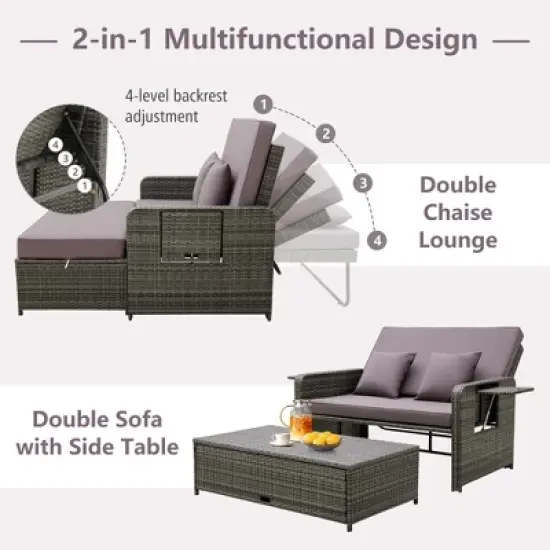 Costway Patio Rattan Daybed Set Wicker Loveseat Sofa with Ottoman & Retractable Side Tray image {4}