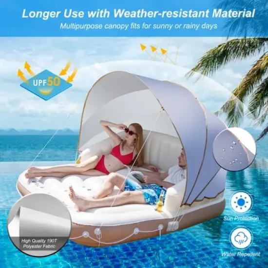 Costway Floating Island Inflatable Swimming Pool Float Lounge Raft with Canopy SPF50+ Retractable Detachable Sunshade with Two Cup Holders White image {1}