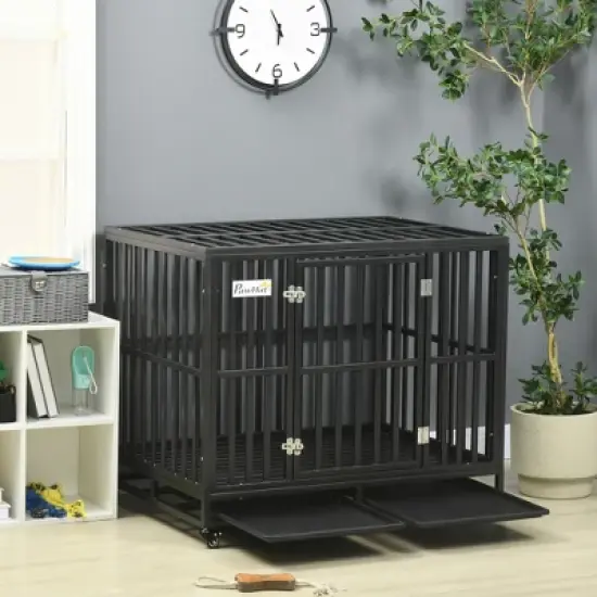 PawHut Heavy Duty Dog Cage Metal Kennel and Crate Dog Playpen with Lockable Wheels, Slide-out Tray and Anti-Pinching Floor image {5}