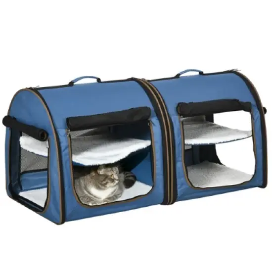 Munora 39" Twin Compartment Cat Carrier - Convertible Soft-Sided Pet Kennel with Storage Bag, Blue image {11}