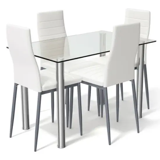 Costway 5 Piece Dining Set Table 29.6'' and 4 Chairs Glass Metal Kitchen Breakfast Furniture White image {7}