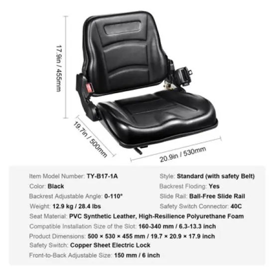 VEVOR Universal Forklift Seat, Fold Down Tractor Seat with Adjustable Angle Back, Micro Switch and Retractable Seatbelt, 6.3-13.4 inch Slot, Black image {7}