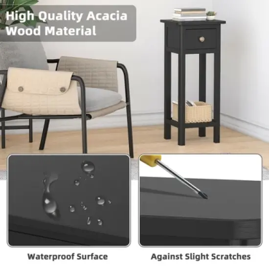 Costway 2PCS 2 Tier End Bedside Sofa Side Table with Drawer Shelf Acacia Wood Nightstand Black image {5}