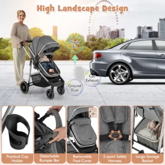 Infans 2 in 1 Convertible Baby Stroller High Landscape Infant Stroller Grey image {3}
