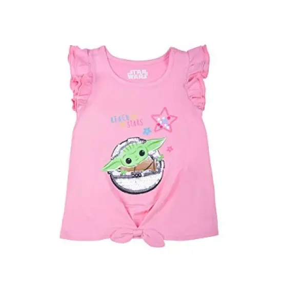 Star Wars Girl's 2-Pack Baby Yoda Reach For The Stars Sequin Flutter Sleeve Shirt, Legging Pants and Bow Hair Scrunchie Set for Infant image {4}