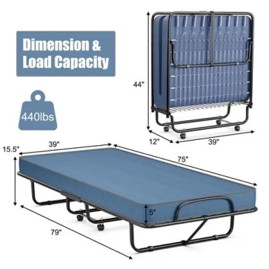 Costway Folding Bed with Memory Foam Mattress Portable Rollaway Guest Cot Memory Foam Navy Made in Ital image {1}