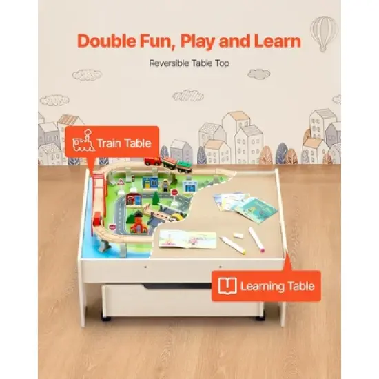 VEVOR Train Table, 100 Multicolor Pieces Wooden Kids Activity Table with Rolling Drawer, 3-in-1 Wooden Train Set for Kids Ages 3+, Multicolor image {2}
