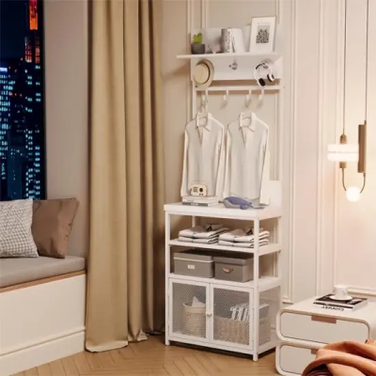 31.5" Hall Tree Entryway Table with Coat Rack, Console Table with 2-Tier Storage Shelves, Shoe Rack Organizer, 7 Hooks & Mesh Cabinet for Foyer/Door image {4}