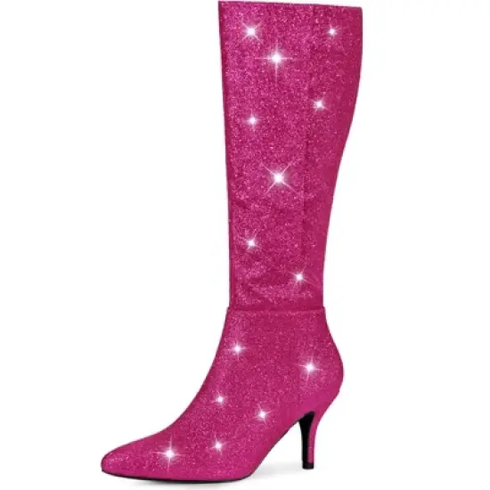 Allegra K Women's Pointy Toe Sparkle Glitter Stiletto Heel Knee High Boots image {9}